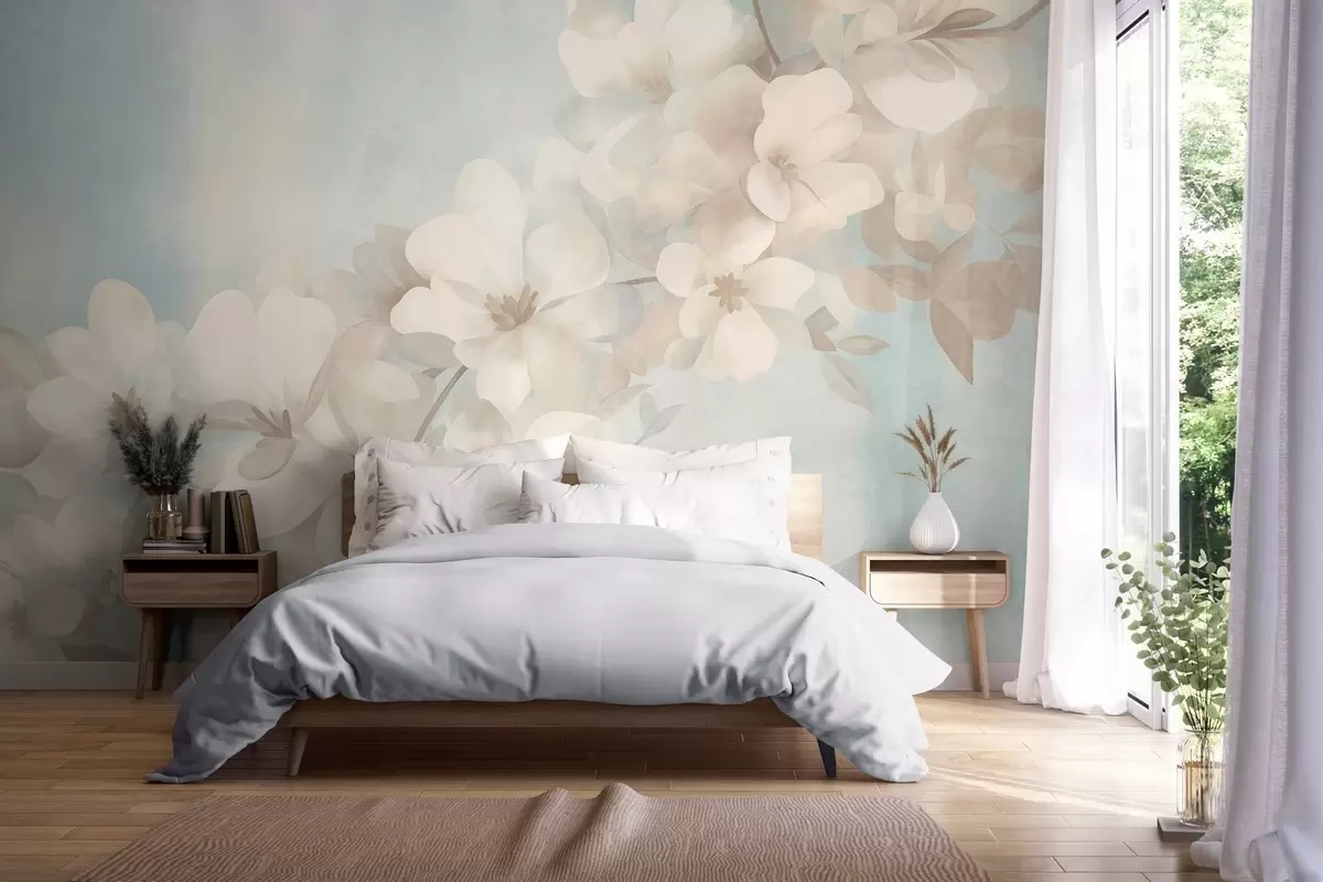Murale Des fleurs blanches sur une branche, des couleurs pastel douces, un fond texturé bleu clair w10107