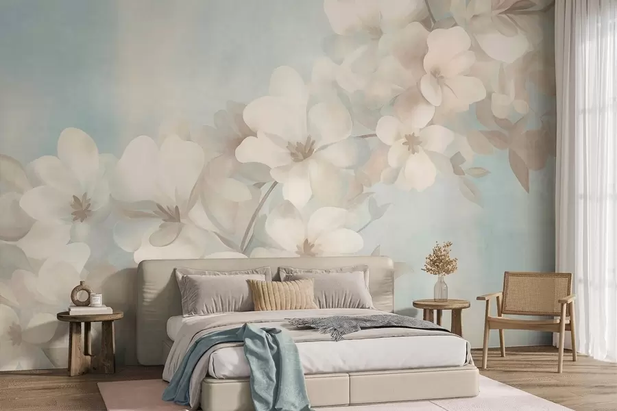 Murale Des fleurs blanches sur une branche, des couleurs pastel douces, un fond texturé bleu clair w10107