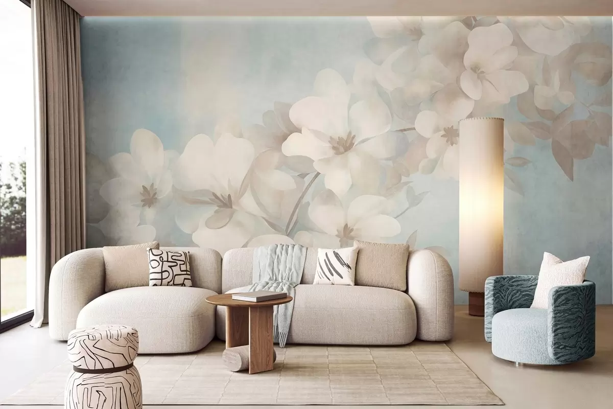Murale Des fleurs blanches sur une branche, des couleurs pastel douces, un fond texturé bleu clair w10107