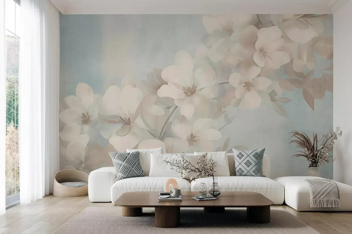 Murale Des fleurs blanches sur une branche, des couleurs pastel douces, un fond texturé bleu clair w10107