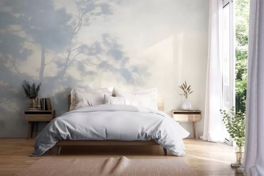 Murale Arbre texturé avec des branches, sur fond crème pâle et bleu clair, œuvre d'art minimaliste w10108
