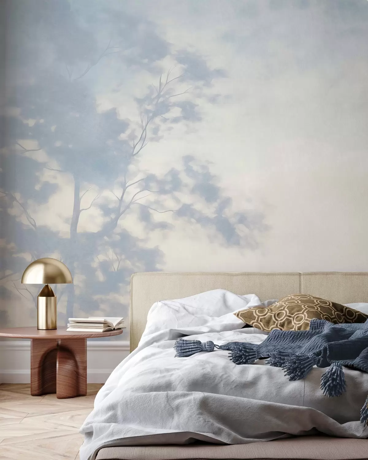 Murale Arbre texturé avec des branches, sur fond crème pâle et bleu clair, œuvre d'art minimaliste w10108