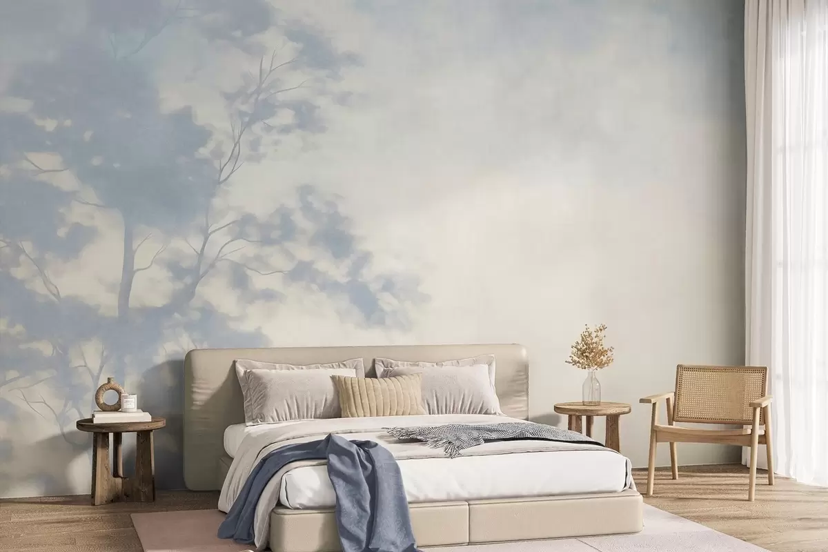 Murale Arbre texturé avec des branches, sur fond crème pâle et bleu clair, œuvre d'art minimaliste w10108