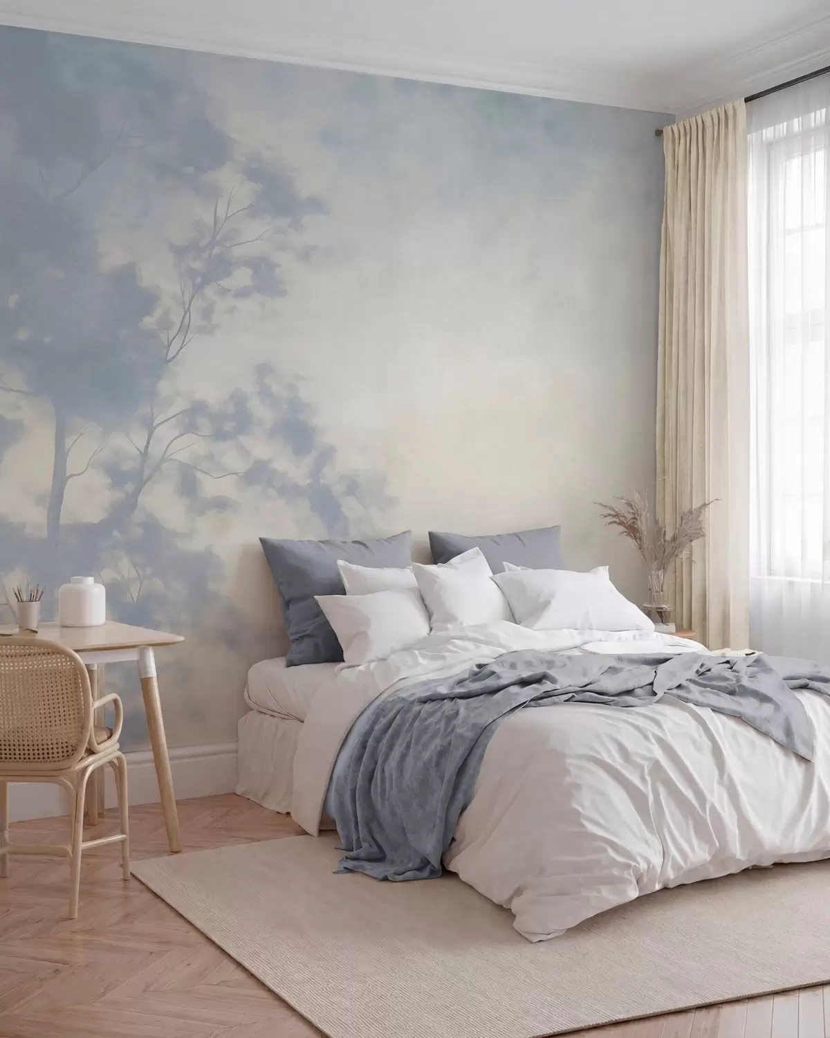 Murale Arbre texturé avec des branches, sur fond crème pâle et bleu clair, œuvre d'art minimaliste w10108