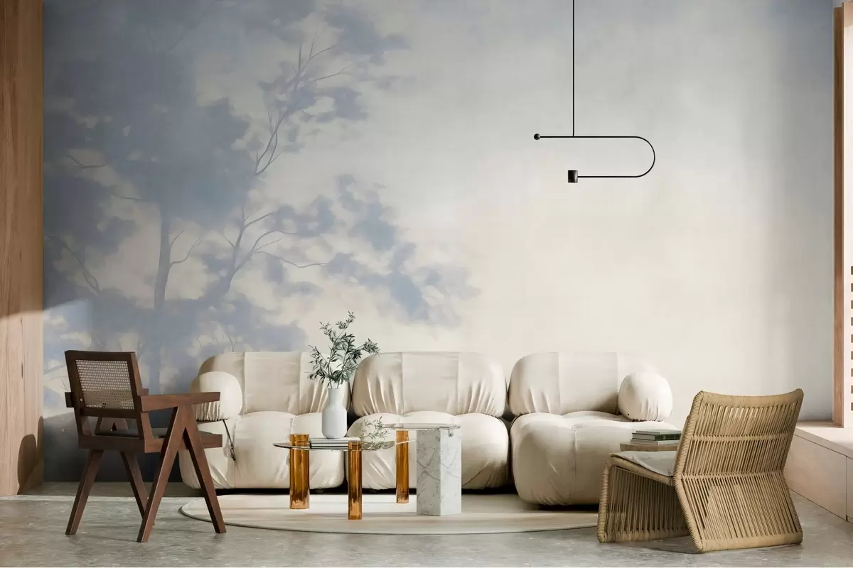 Murale Arbre texturé avec des branches, sur fond crème pâle et bleu clair, œuvre d'art minimaliste w10108