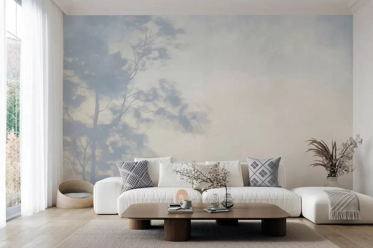 Murale Arbre texturé avec des branches, sur fond crème pâle et bleu clair, œuvre d'art minimaliste w10108