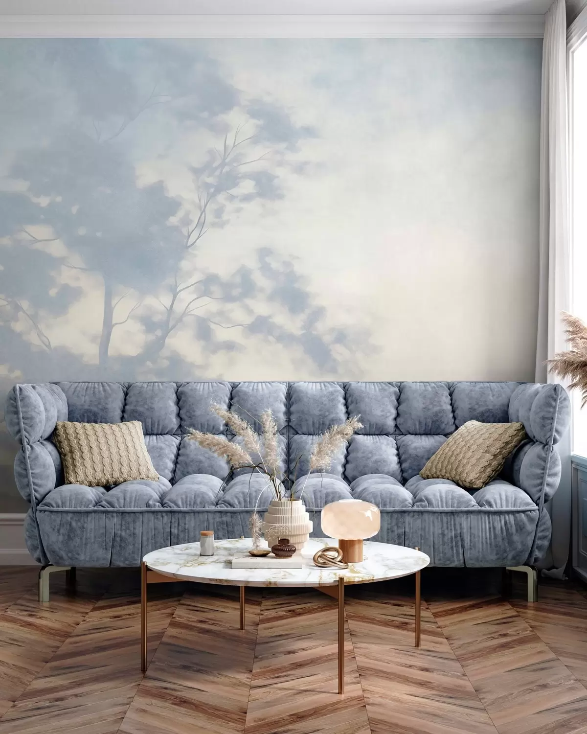 Murale Arbre texturé avec des branches, sur fond crème pâle et bleu clair, œuvre d'art minimaliste w10108