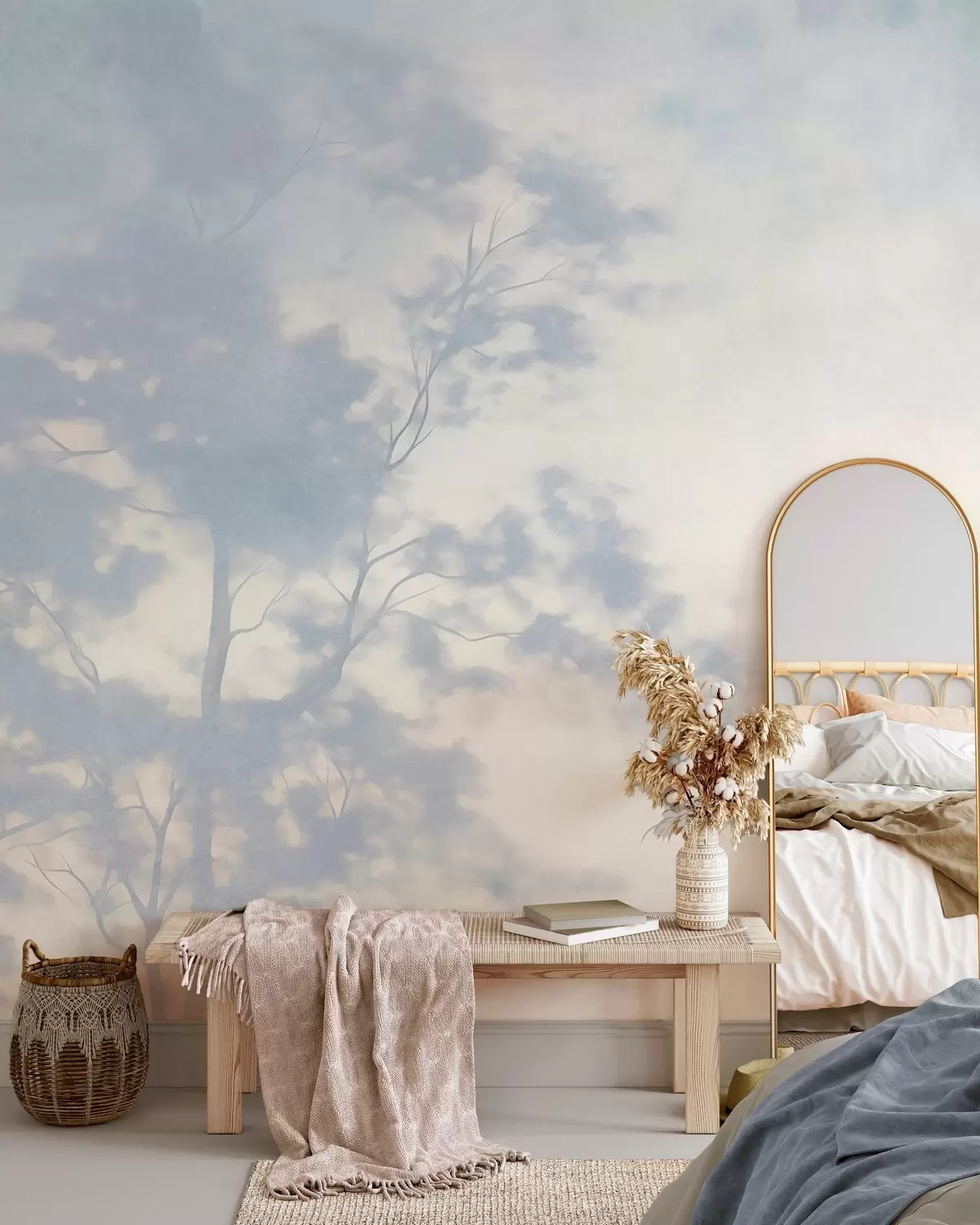 Murale Arbre texturé avec des branches, sur fond crème pâle et bleu clair, œuvre d'art minimaliste w10108