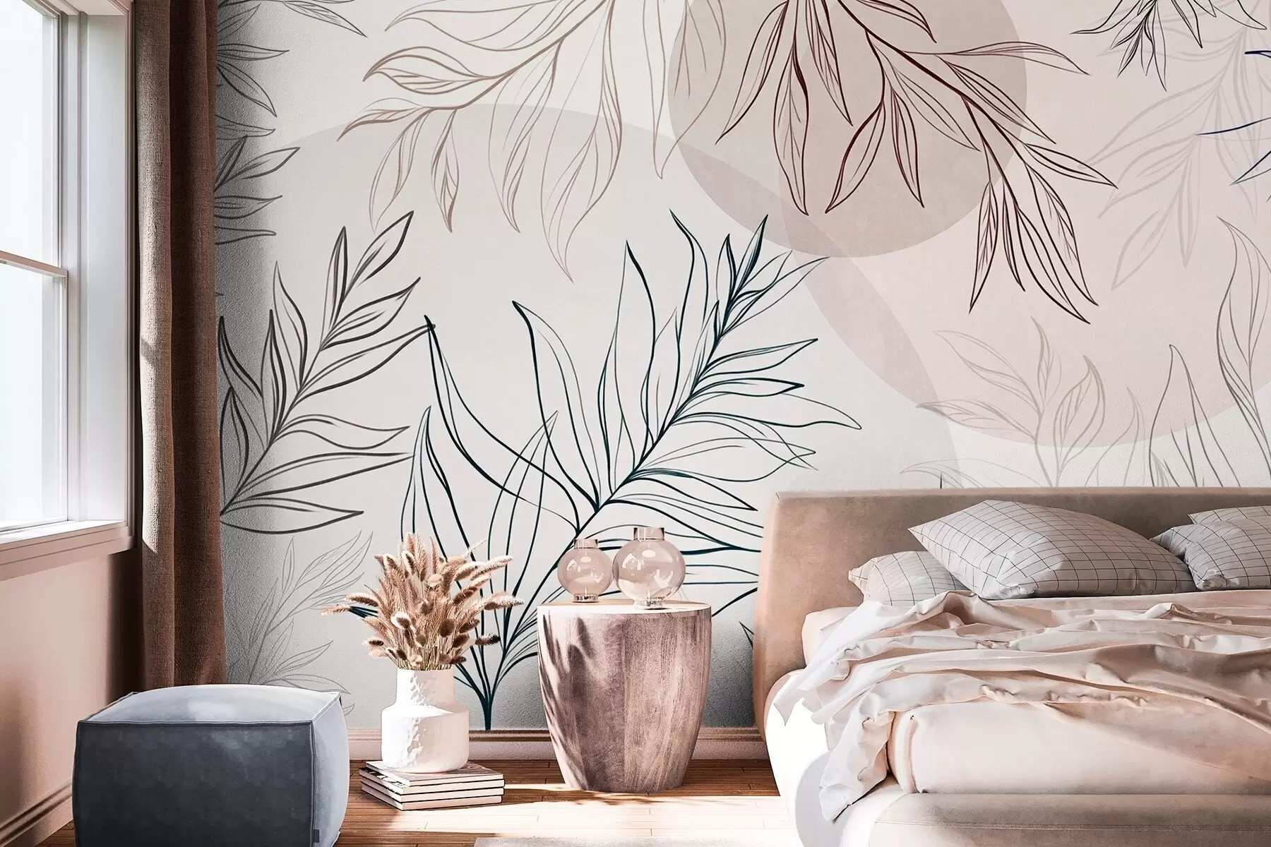 Murale Dessin au trait minimaliste représentant des feuilles et du feuillage tropicaux, ainsi que des formes circulaires aux couleurs pastel w10111