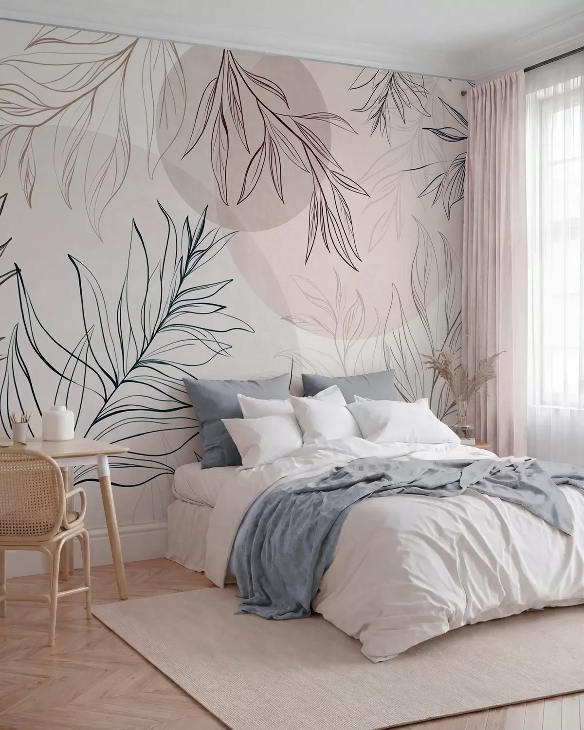 Murale Dessin au trait minimaliste représentant des feuilles et du feuillage tropicaux, ainsi que des formes circulaires aux couleurs pastel w10111