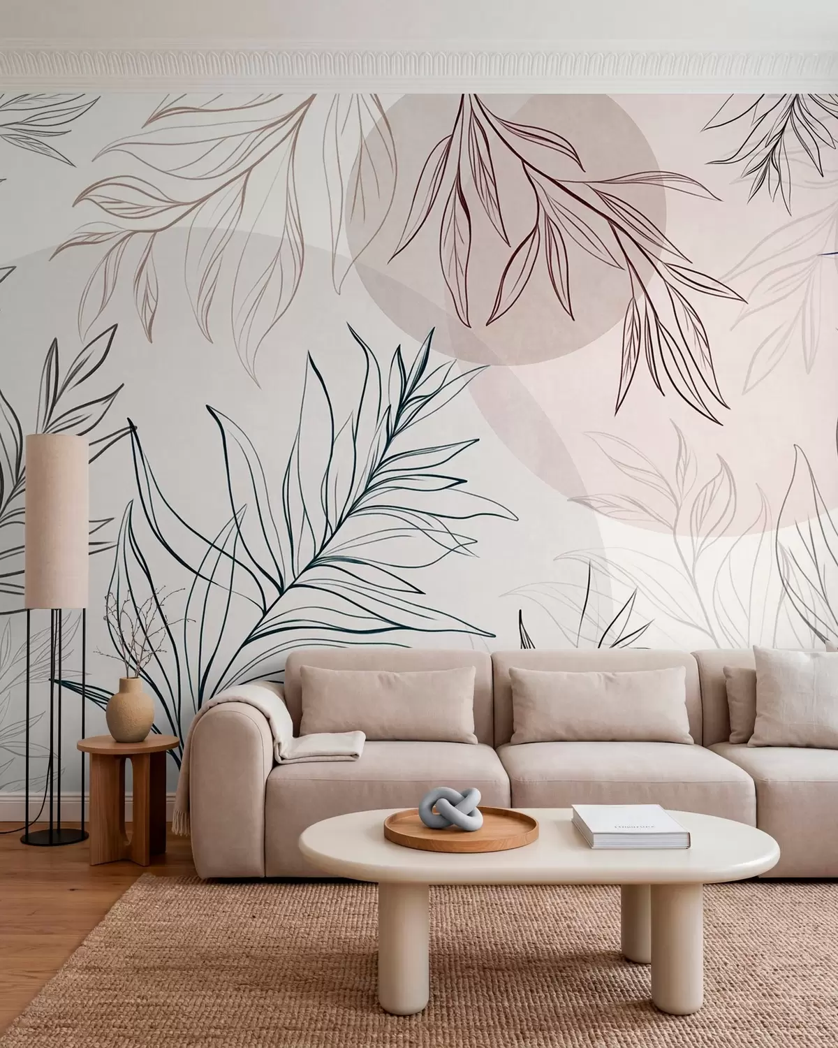 Murale Dessin au trait minimaliste représentant des feuilles et du feuillage tropicaux, ainsi que des formes circulaires aux couleurs pastel w10111