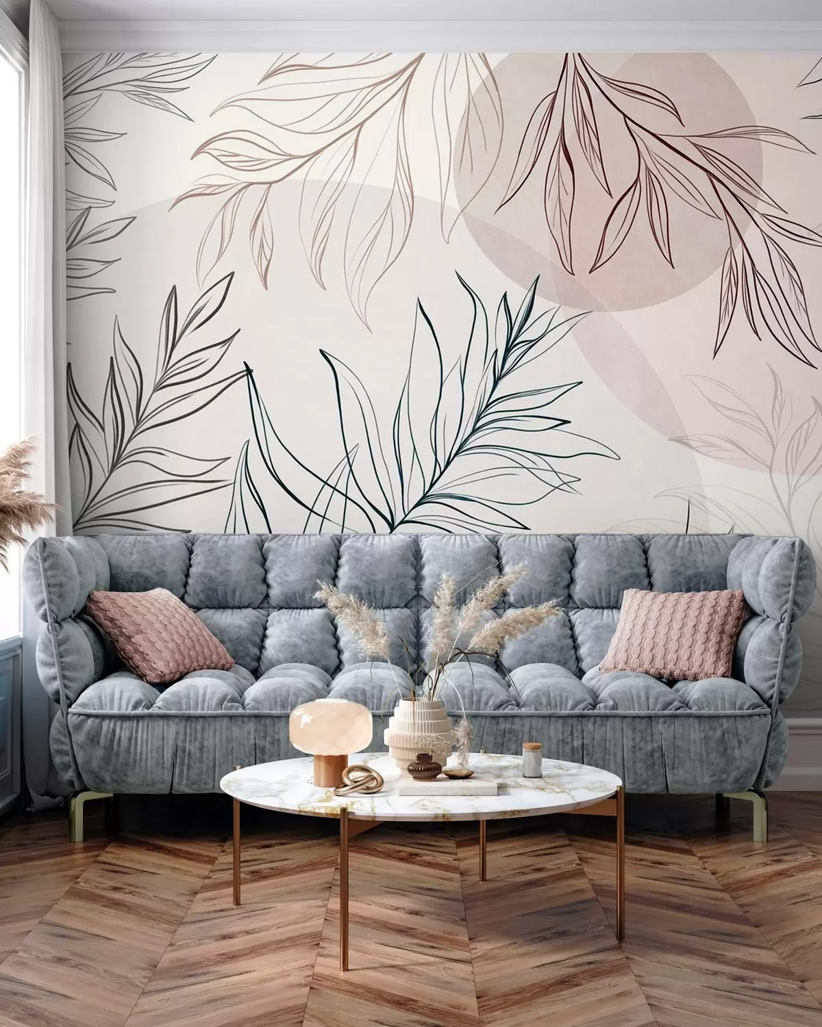 Murale Dessin au trait minimaliste représentant des feuilles et du feuillage tropicaux, ainsi que des formes circulaires aux couleurs pastel w10111