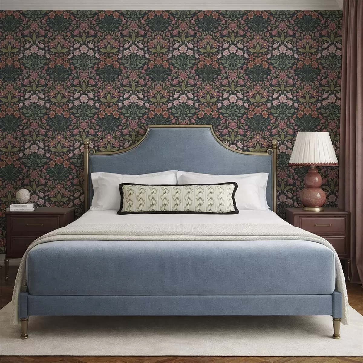 Papier peint Fleurs roses et terracotta sur fond bleu foncé a01279