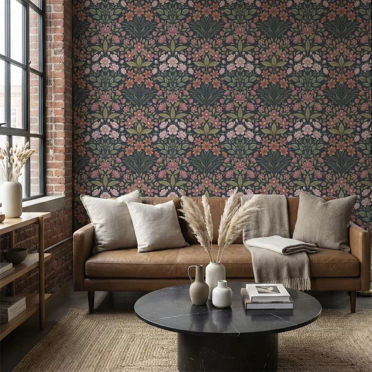 Papier peint Fleurs roses et terracotta sur fond bleu foncé a01279