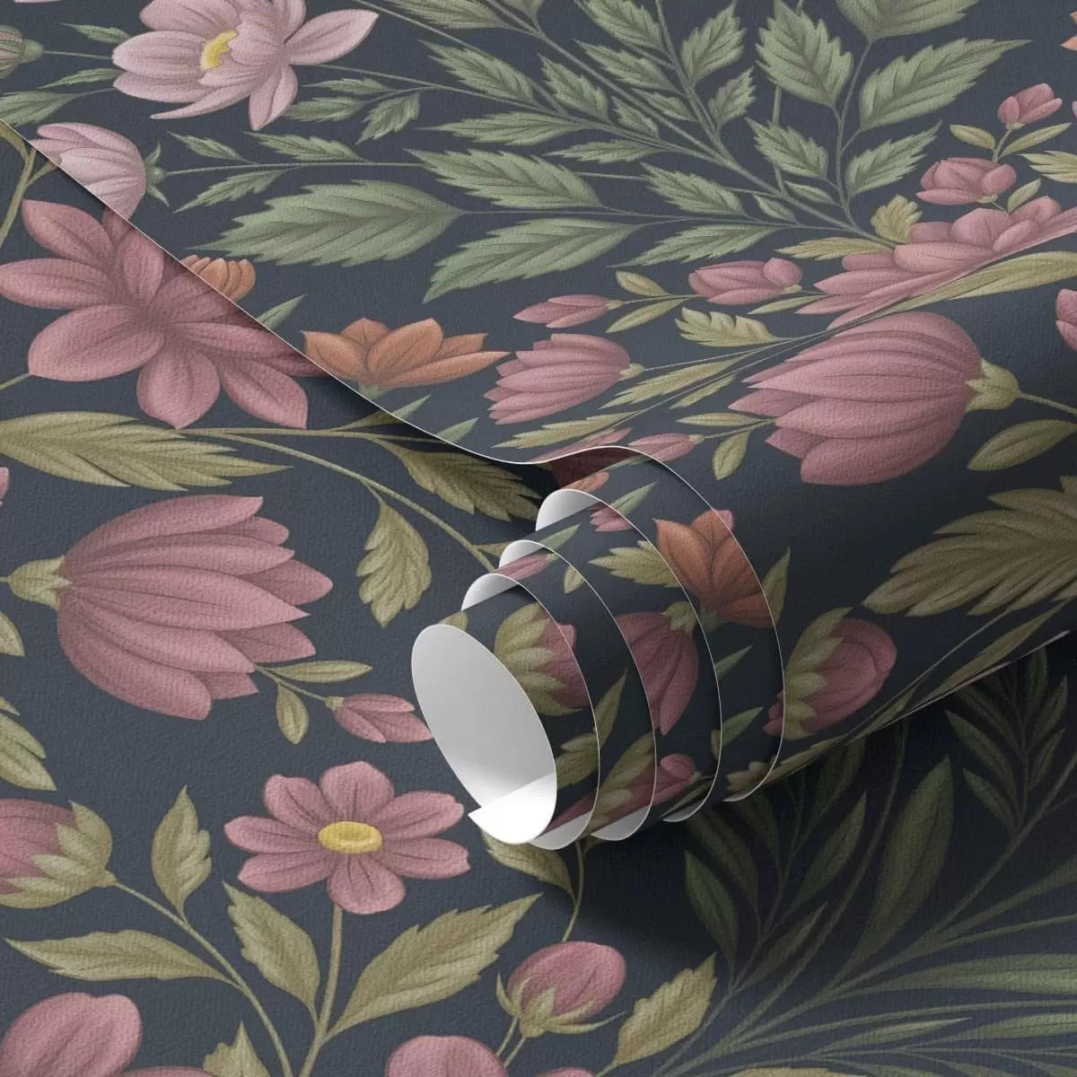Papier peint Fleurs roses et terracotta sur fond bleu foncé a01279