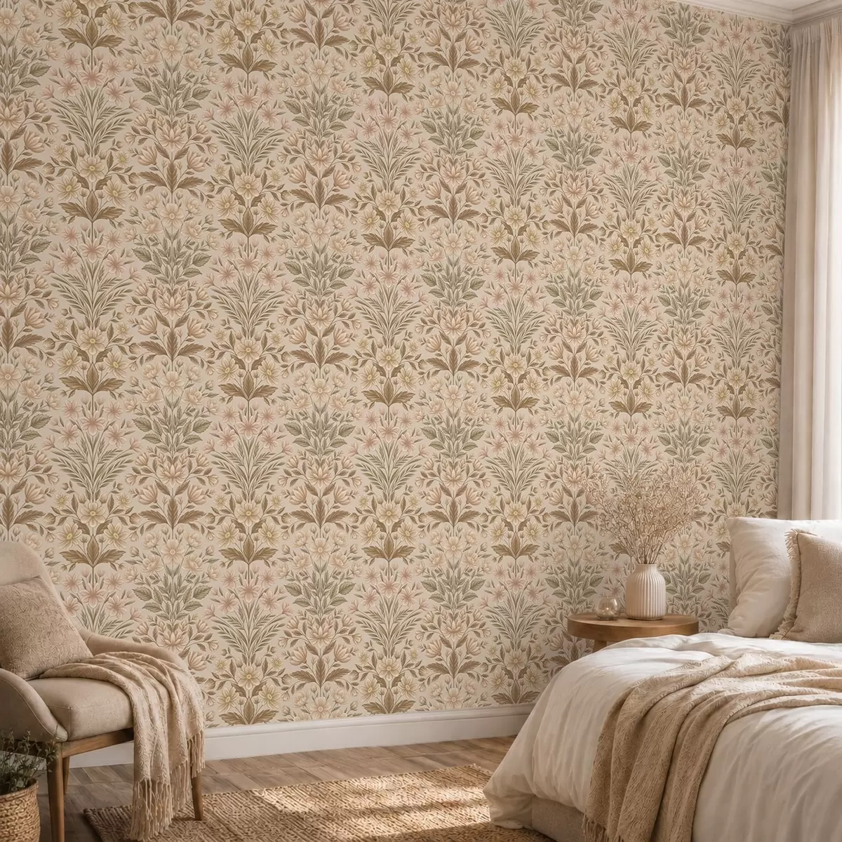 Papier peint Fleurs de pêcher et feuilles vert olive sur fond beige a01279v1