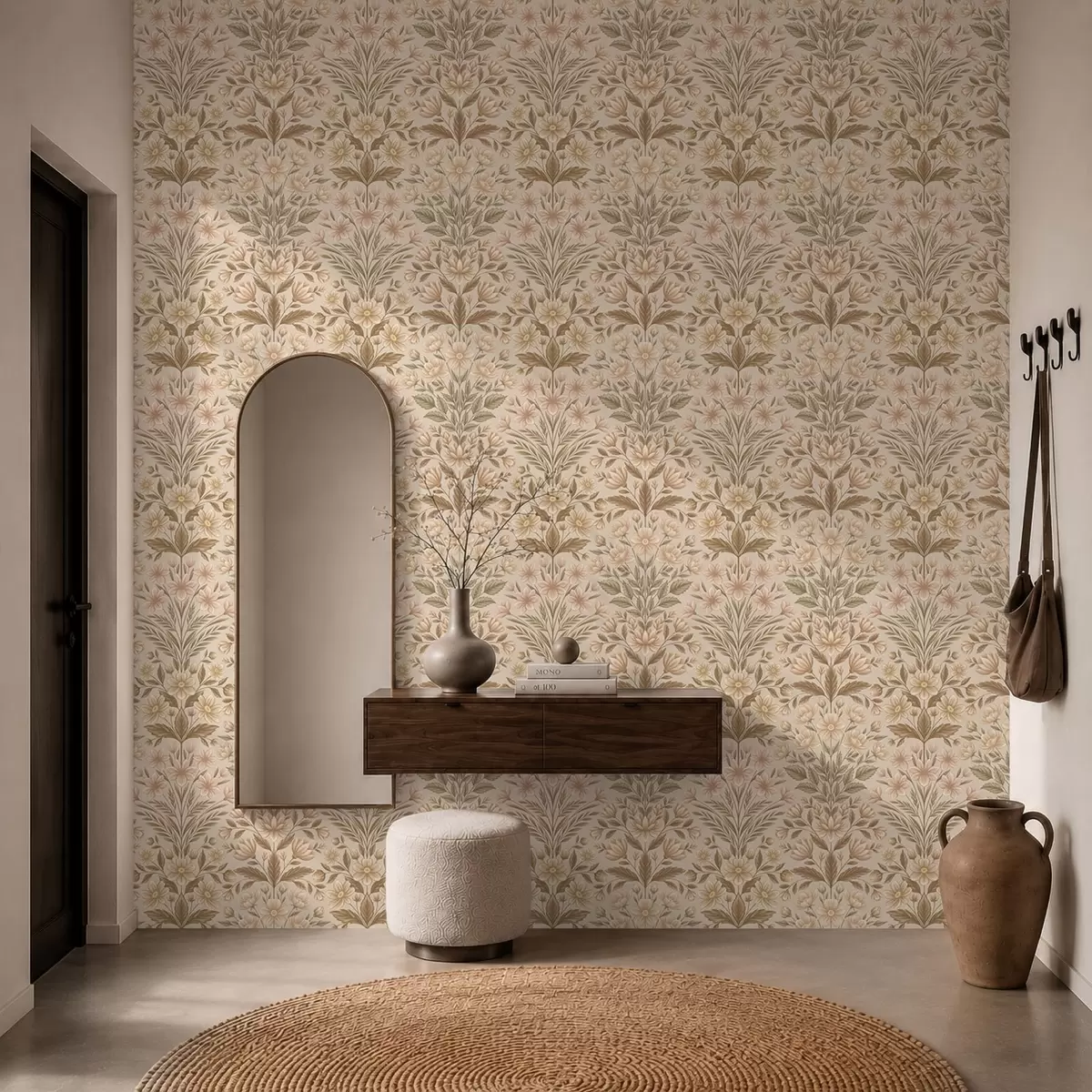 Papier peint Fleurs de pêcher et feuilles vert olive sur fond beige a01279v1