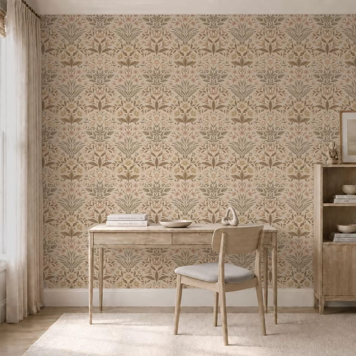 Papier peint Fleurs de pêcher et feuilles vert olive sur fond beige a01279v1