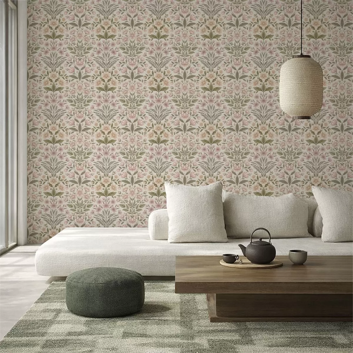Papier peint Des fleurs rose pâle et des feuilles vert olive sur un fond clair a01279v2