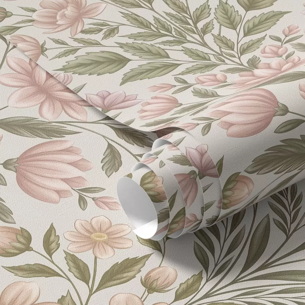 Papier peint Des fleurs rose pâle et des feuilles vert olive sur un fond clair a01279v2