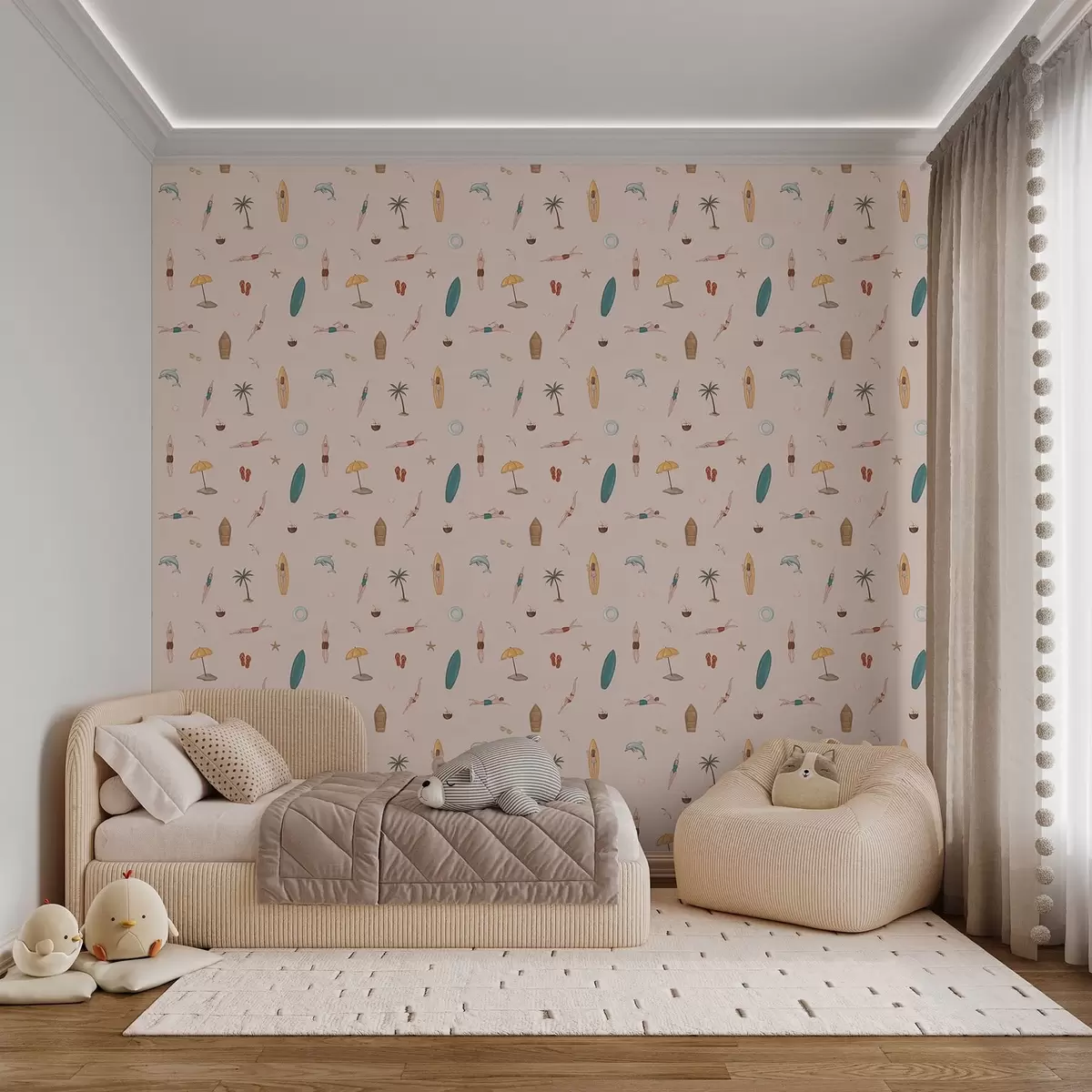 Papier peint Des nageurs, un dauphin, un palmier et une planche de surf sur fond beige a01275