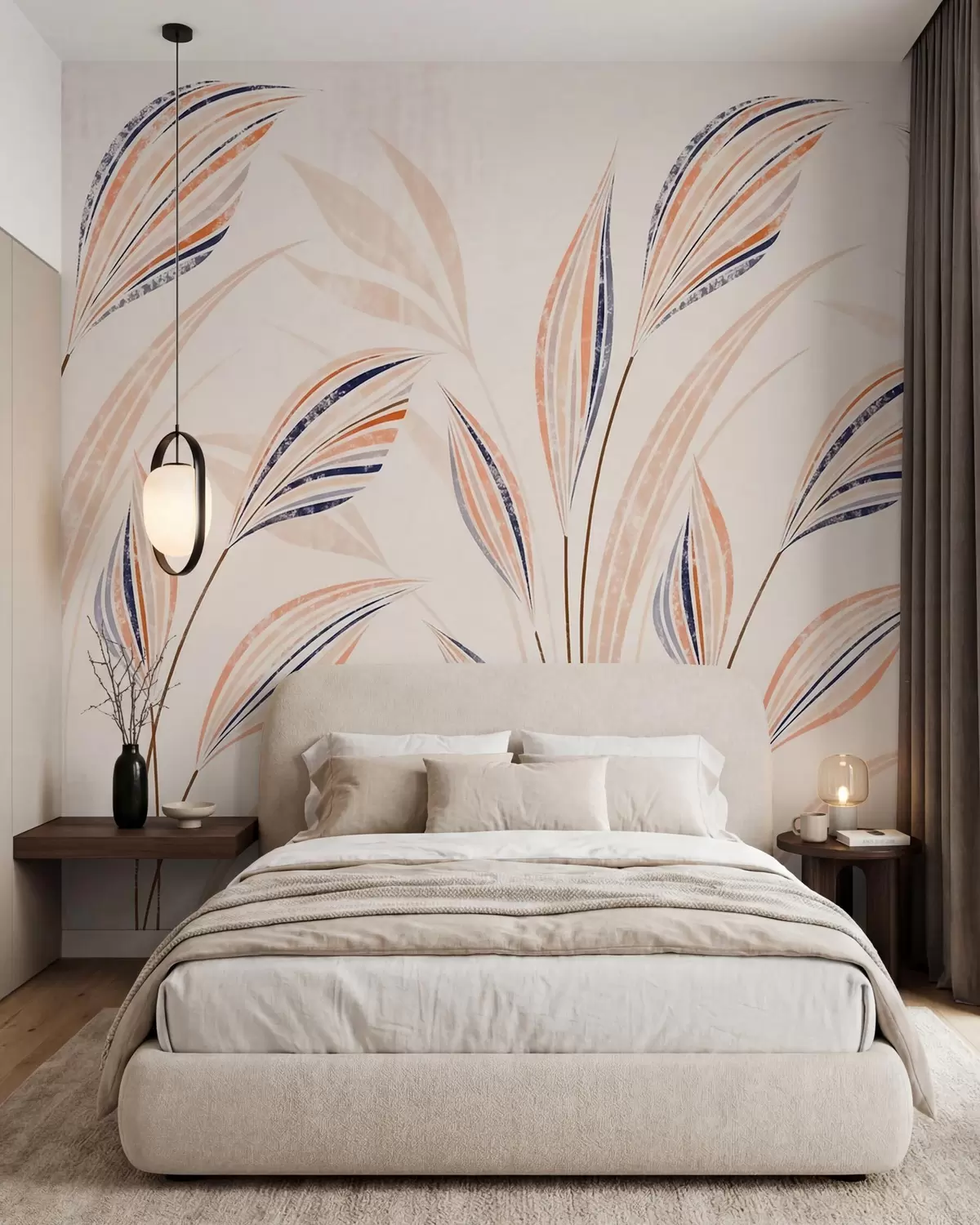 Fototapete Abstrakte Ziergräser mit eleganten, länglichen Blättern in Pfirsich-, Creme- und blauen Aquarelltönen w10093