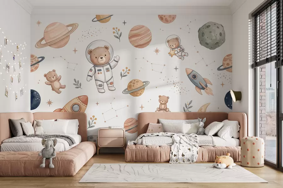 Fototapete Niedliche Teddybär-Astronauten zwischen Planeten, Raketen und Sternen im sanften Pastell-Aquarellstil w10096