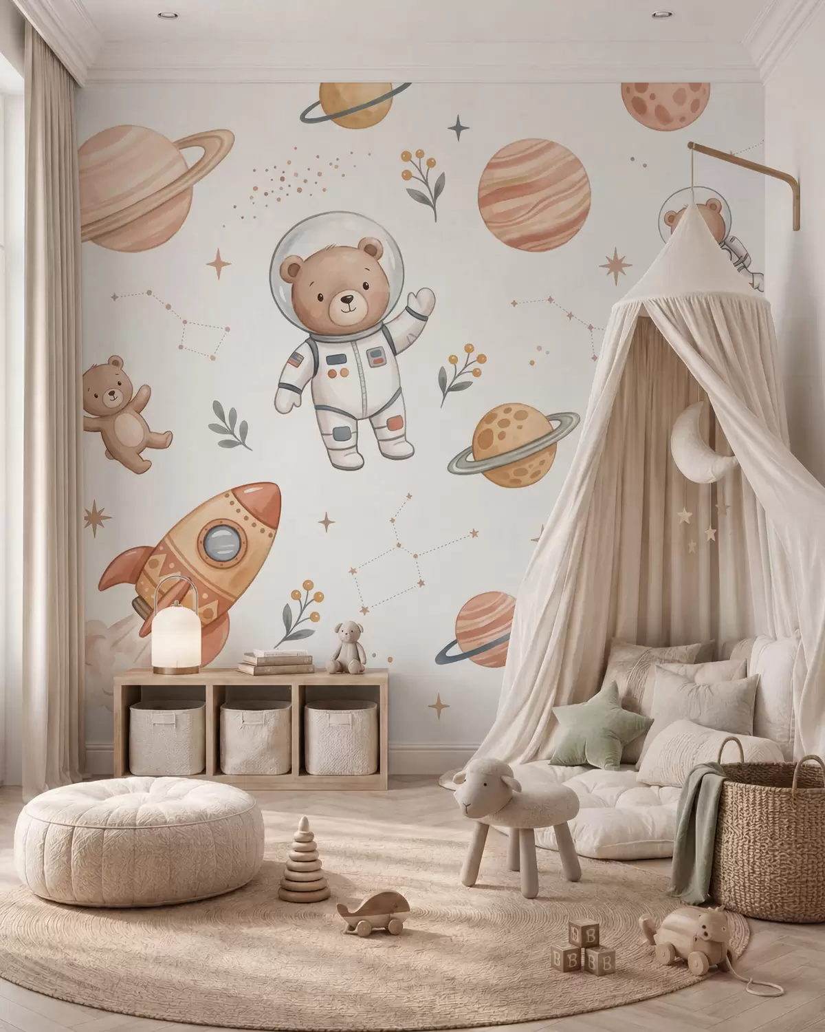Fototapete Niedliche Teddybär-Astronauten zwischen Planeten, Raketen und Sternen im sanften Pastell-Aquarellstil w10096