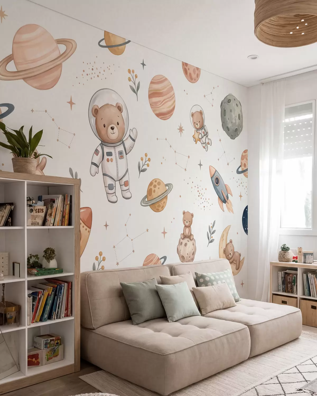Fototapete Niedliche Teddybär-Astronauten zwischen Planeten, Raketen und Sternen im sanften Pastell-Aquarellstil w10096
