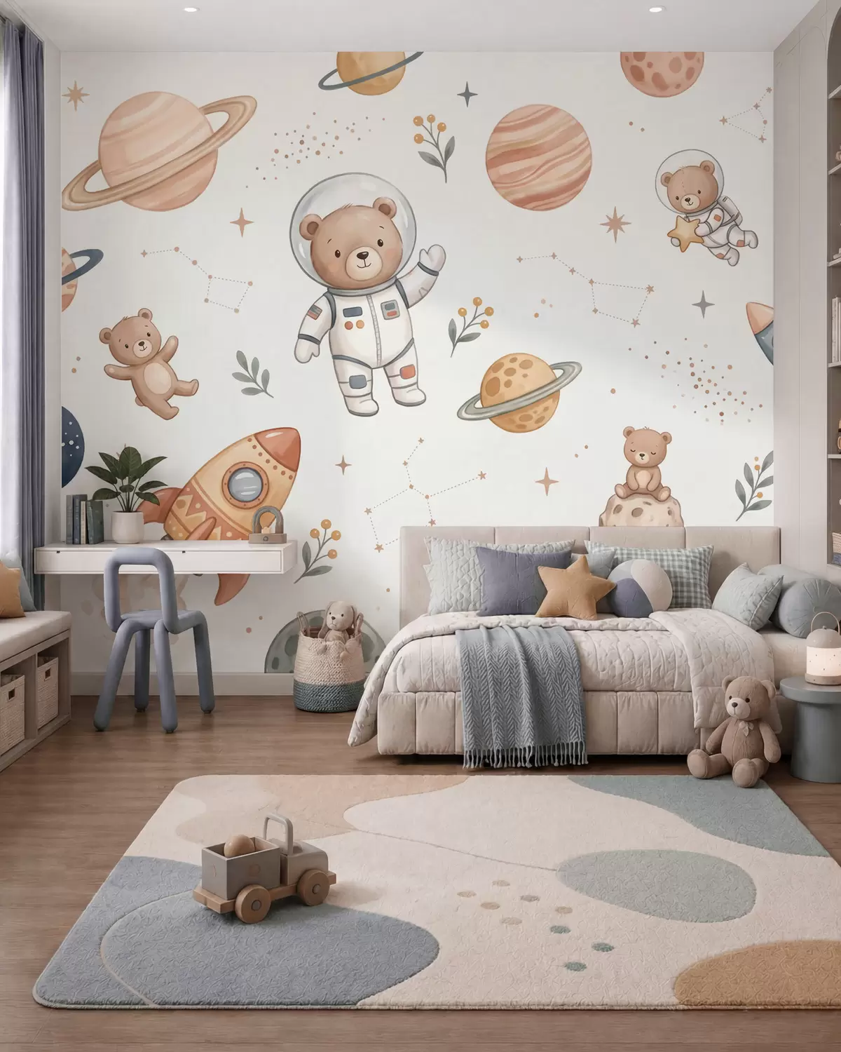 Fototapete Niedliche Teddybär-Astronauten zwischen Planeten, Raketen und Sternen im sanften Pastell-Aquarellstil w10096