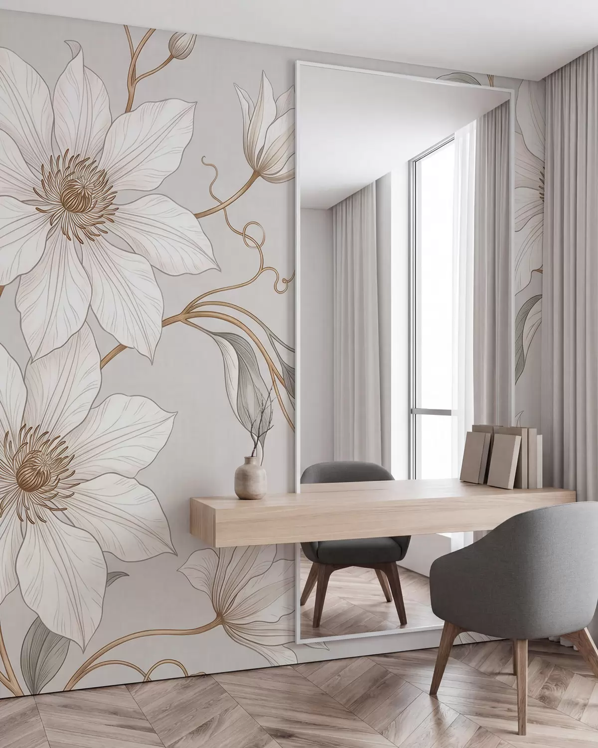 Fototapete Elegante weiße Blumen mit zarten Zweigen w10099