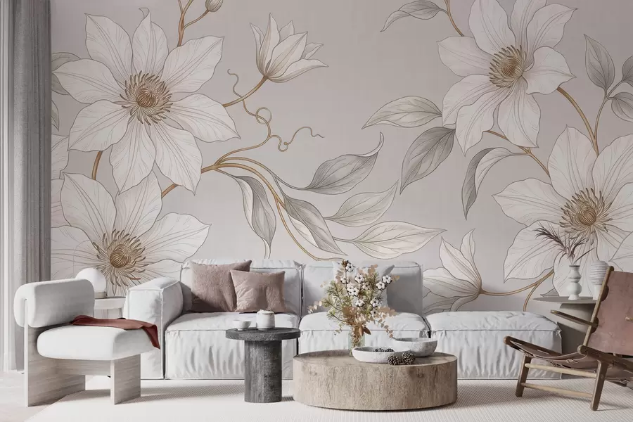 Fototapete Elegante weiße Blumen mit zarten Zweigen w10099