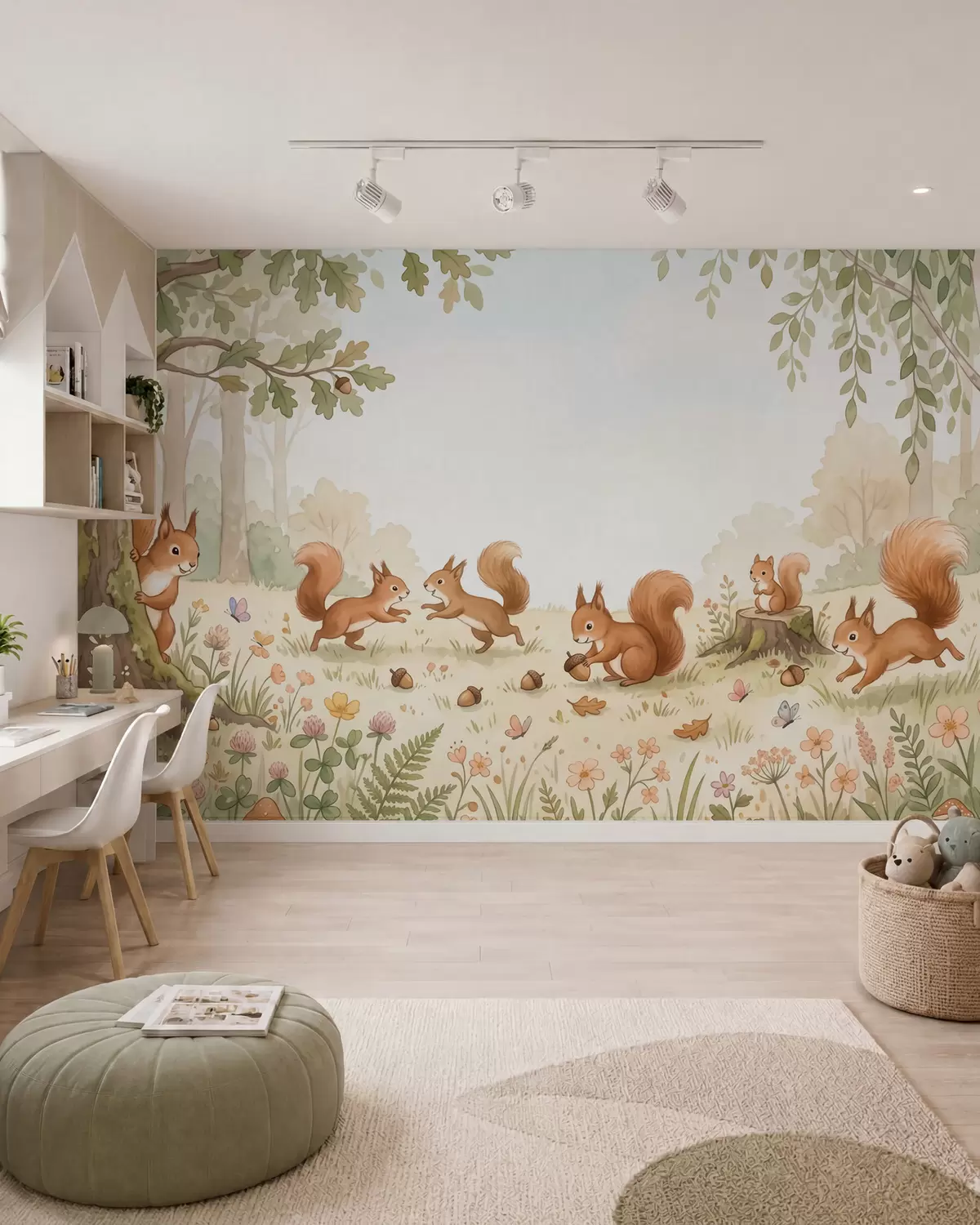 Fototapete Herbstwald mit flauschigen roten Eichhörnchen, Eicheln und zarten Wildblumen im Aquarellstil w10102
