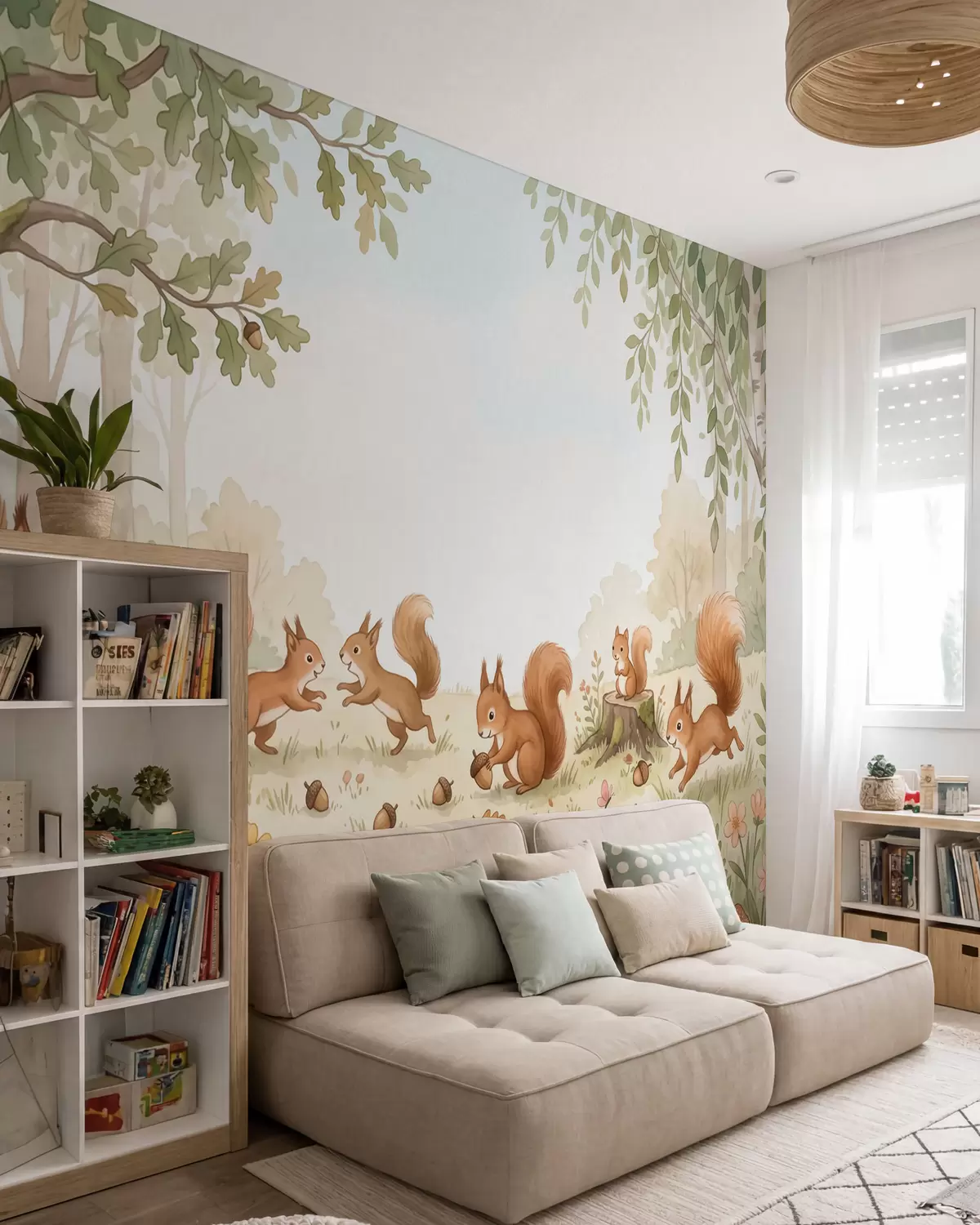 Fototapete Herbstwald mit flauschigen roten Eichhörnchen, Eicheln und zarten Wildblumen im Aquarellstil w10102