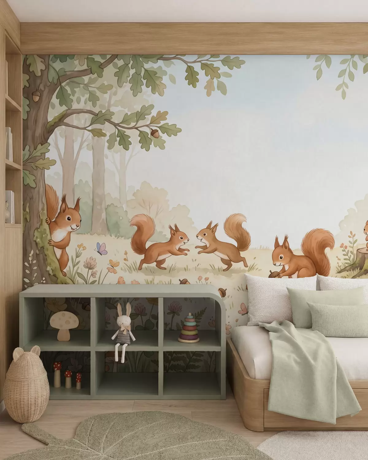 Fototapete Herbstwald mit flauschigen roten Eichhörnchen, Eicheln und zarten Wildblumen im Aquarellstil w10102