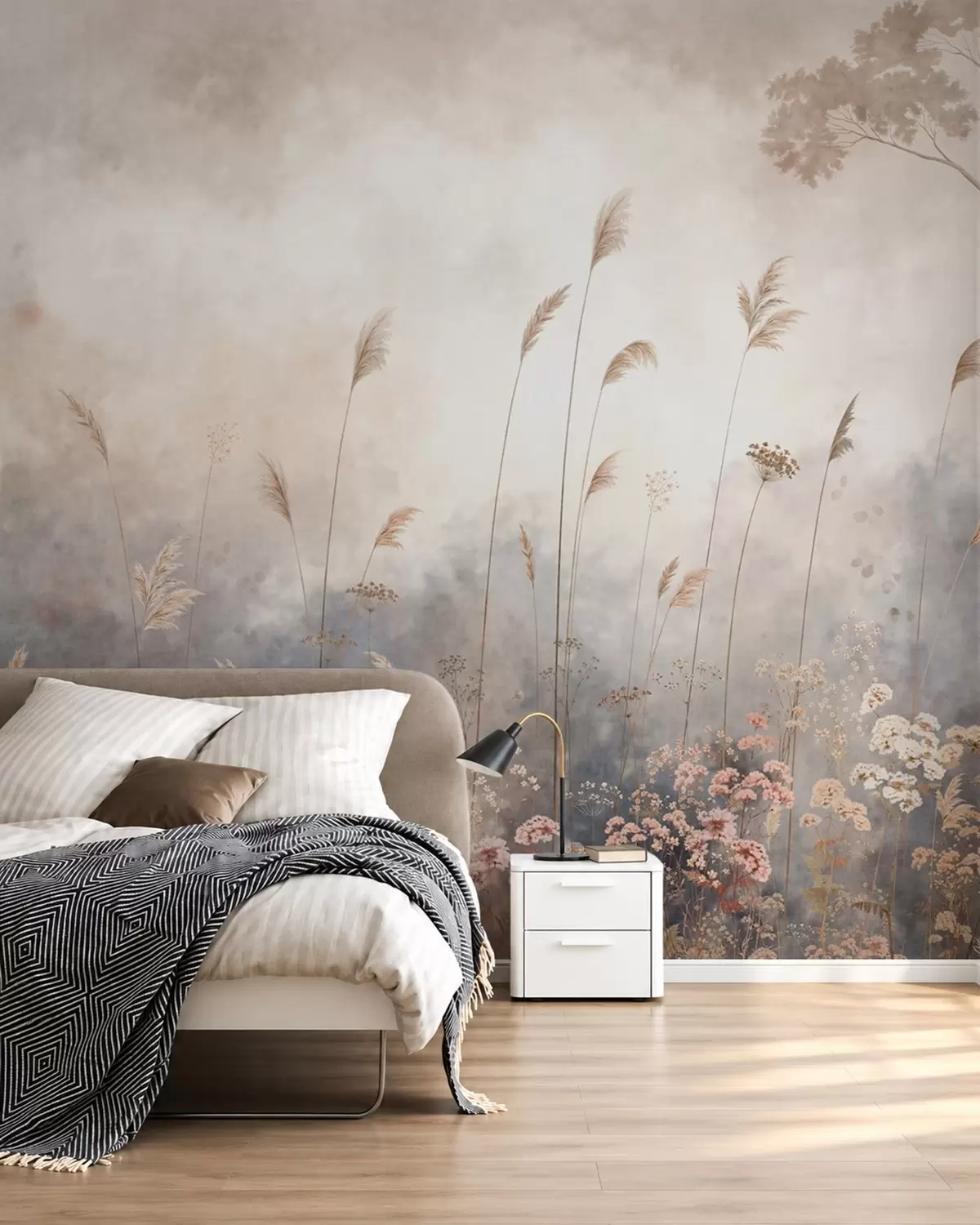 Murale Fleurs sauvages et hautes herbes dans un paysage brumeux w05959