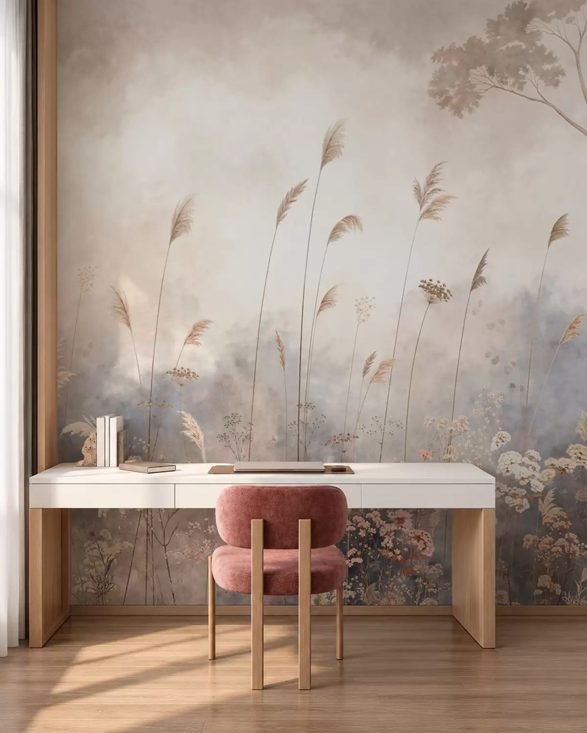 Murale Fleurs sauvages et hautes herbes dans un paysage brumeux w05959