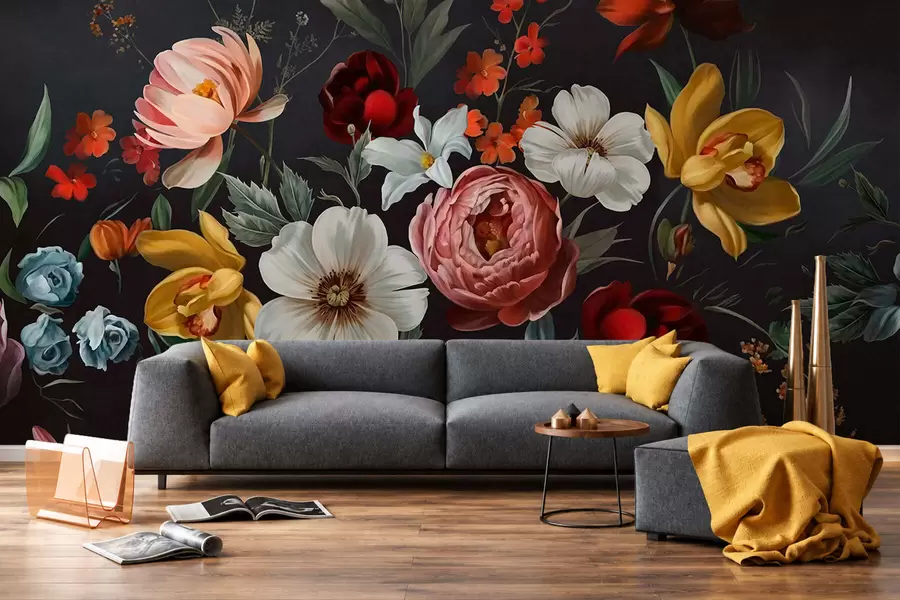 Fototapete Üppiges Blumenarrangement aus bunten Blumen vor dunklem Hintergrund w05960