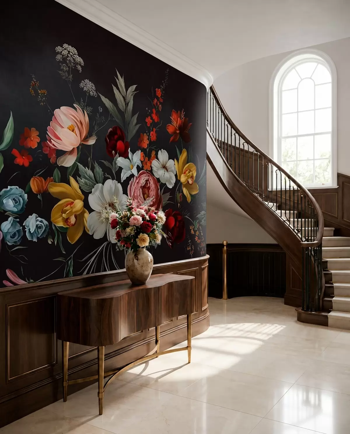 Fototapete Üppiges Blumenarrangement aus bunten Blumen vor dunklem Hintergrund w05960