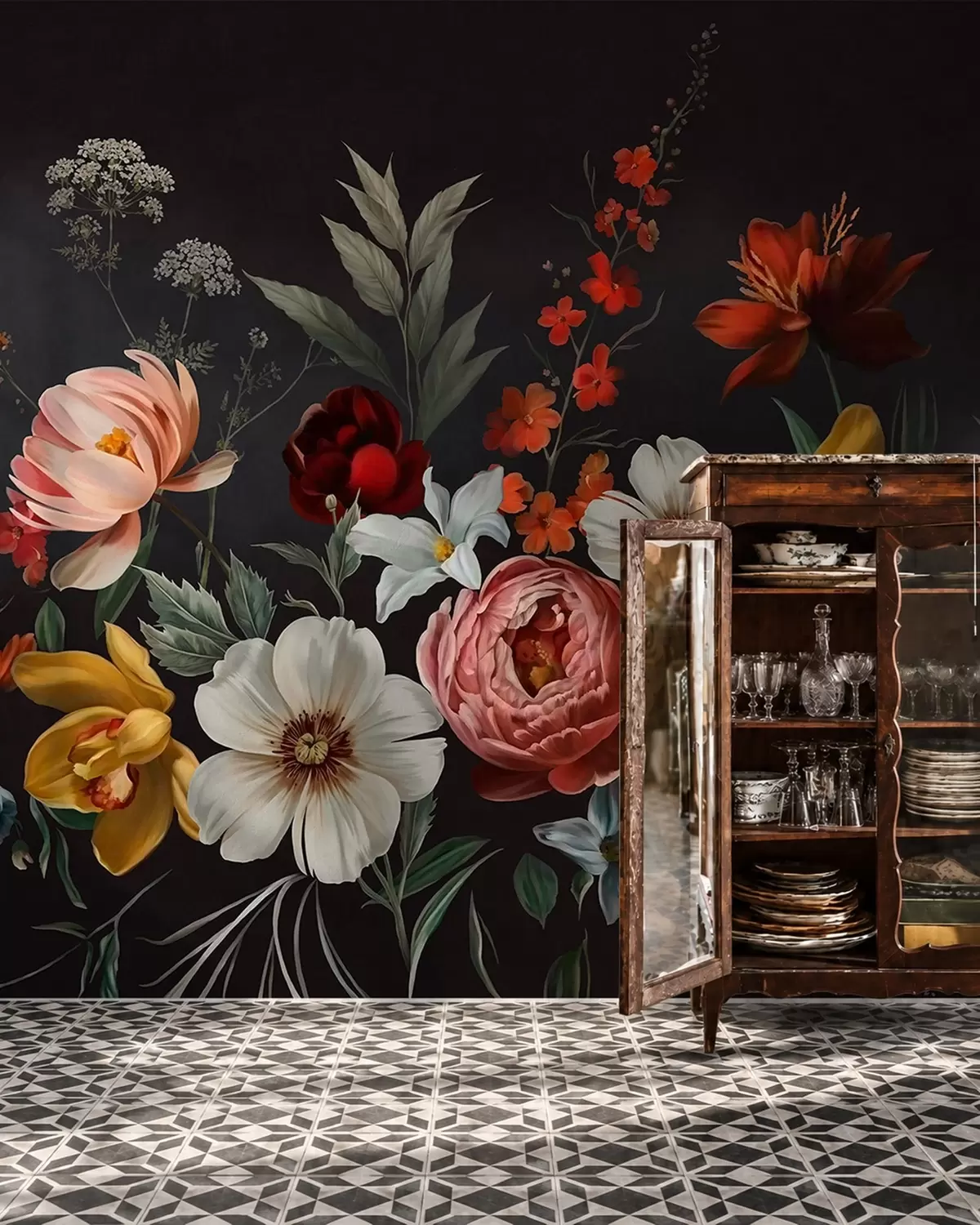 Fototapete Üppiges Blumenarrangement aus bunten Blumen vor dunklem Hintergrund w05960