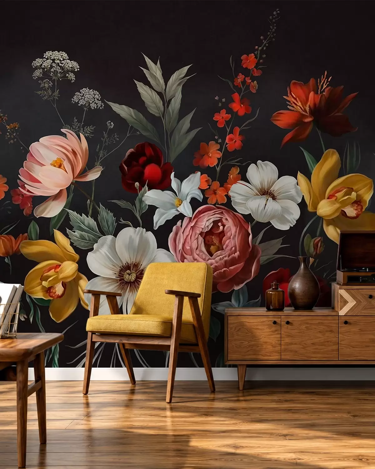 Fototapete Üppiges Blumenarrangement aus bunten Blumen vor dunklem Hintergrund w05960
