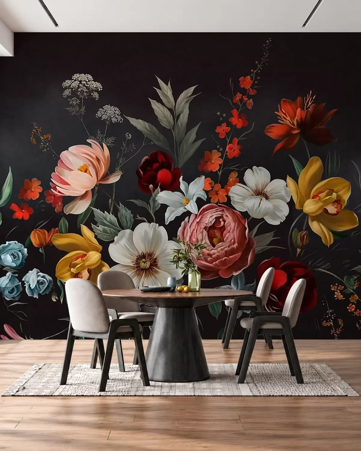 Fototapete Üppiges Blumenarrangement aus bunten Blumen vor dunklem Hintergrund w05960