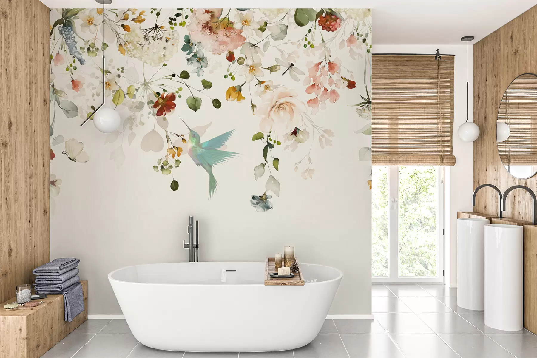 fototapeter Blomster og kolibrier u59610