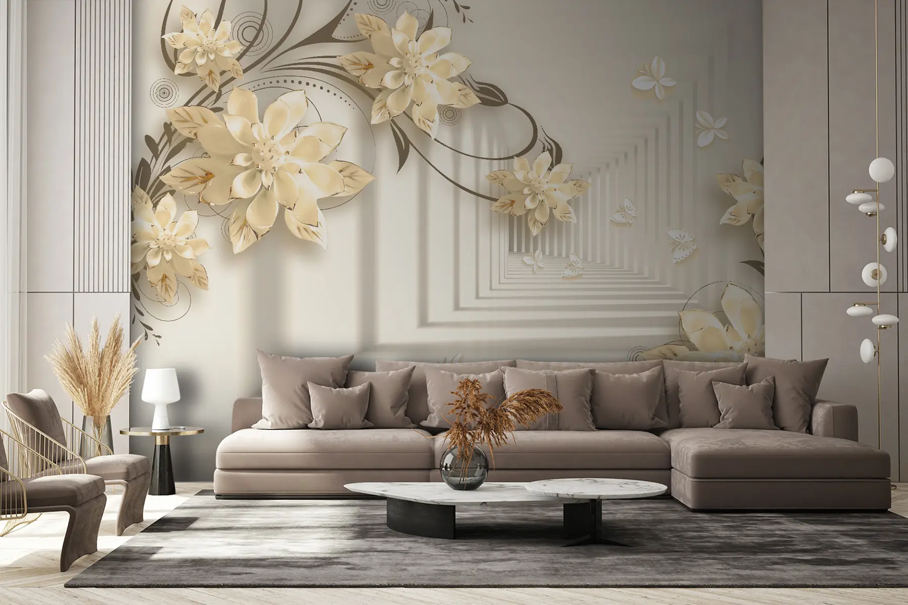 fototapeter Plante, hvid og gul, tunnel i pastelfarver u21861v2