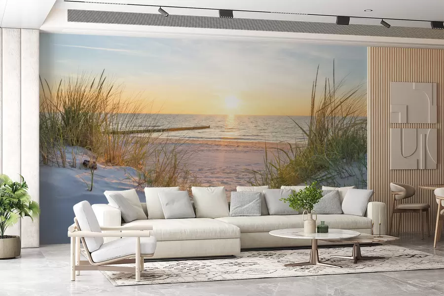 fototapeter Foto/Panoramisk klitstrand med solnedgang u93577