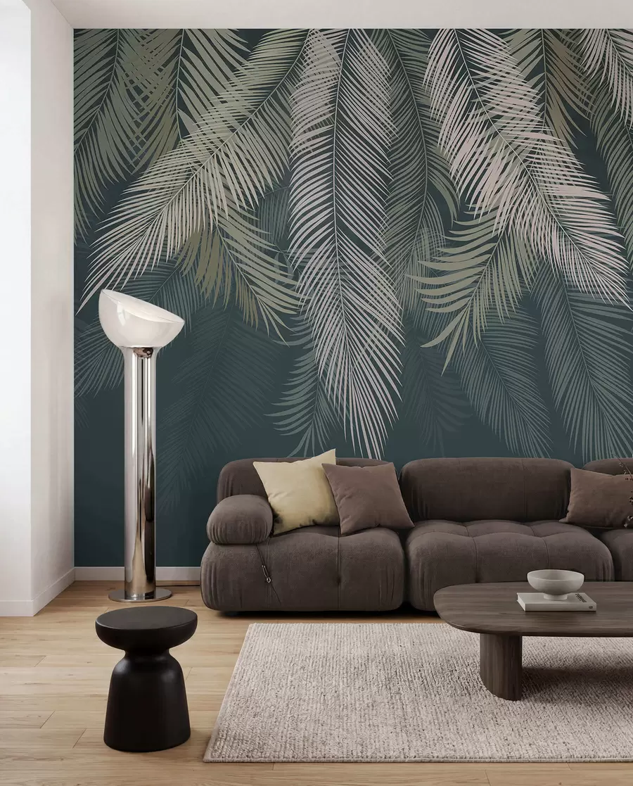 Murale Feuilles de palmier sur fond vert foncé u48556v2