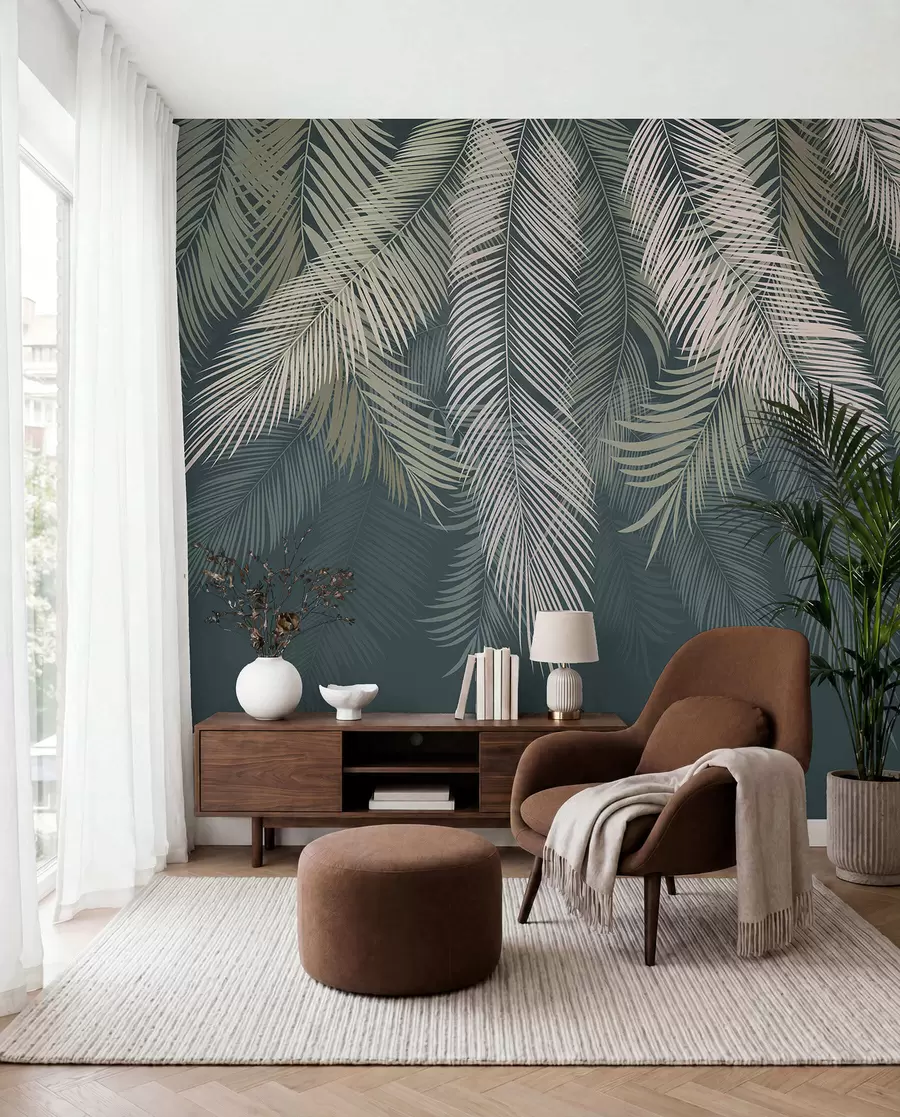 Murale Feuilles de palmier sur fond vert foncé u48556v2
