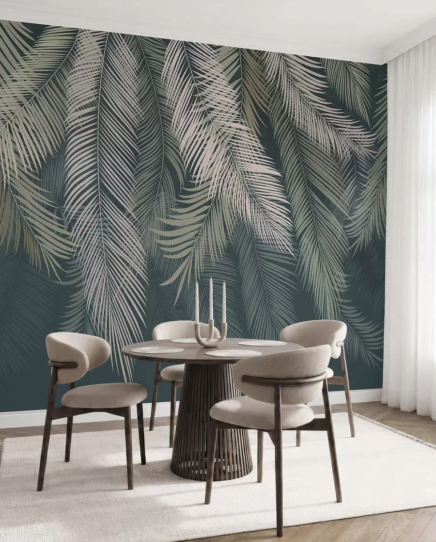 Murale Feuilles de palmier sur fond vert foncé u48556v2