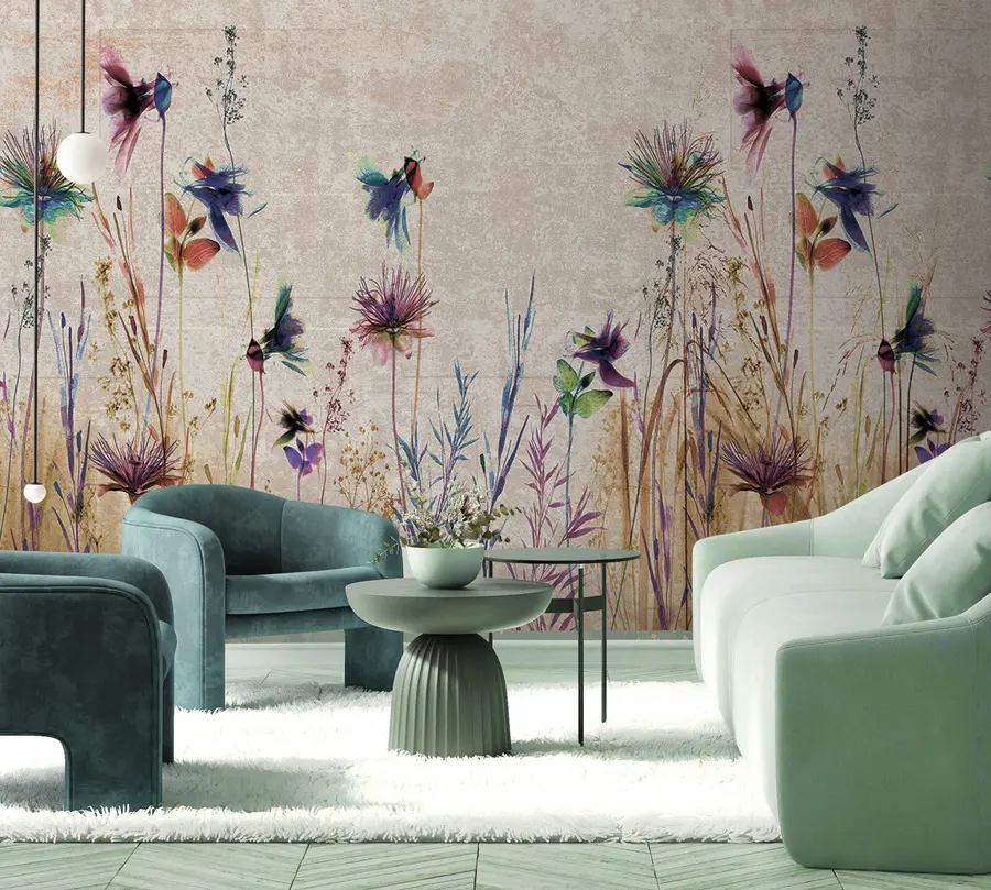 Fototapete Ungewöhnliche hohe Blüten auf einem beige Hintergrund u93672