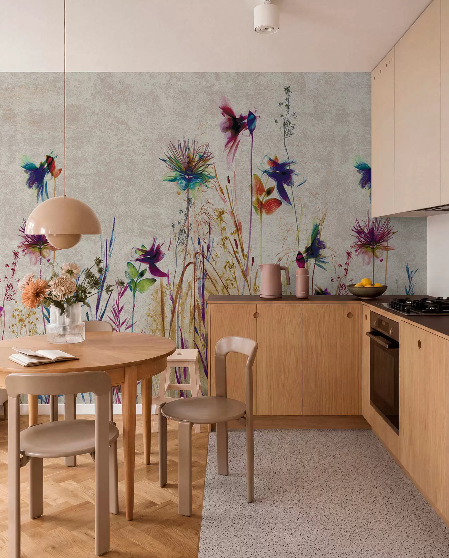 fototapeter Usædvanlige høje blomster på en beige baggrund u93672